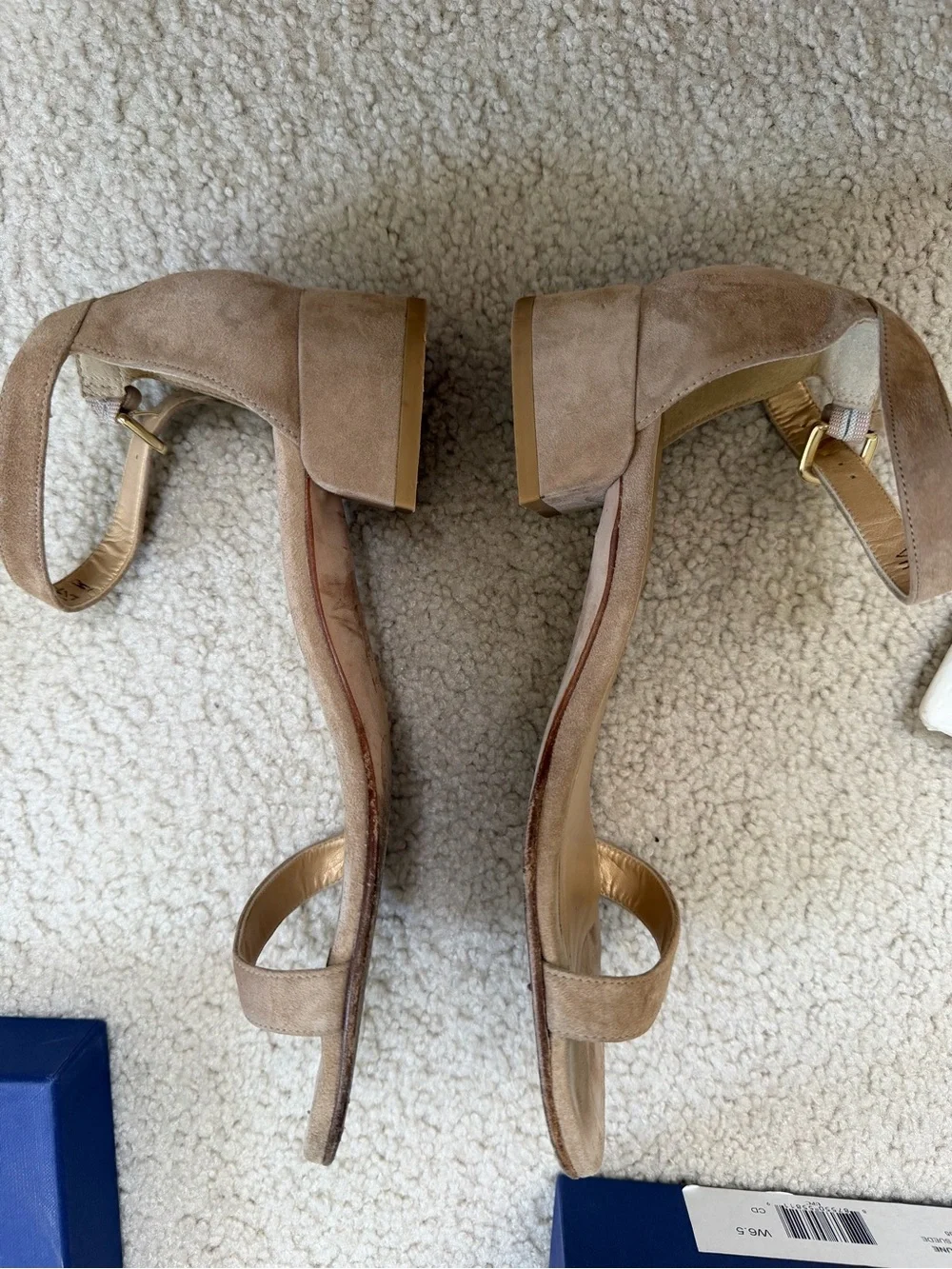 Stuart Weitzman Tan Suede Ankle Strap Block Heel Sandals